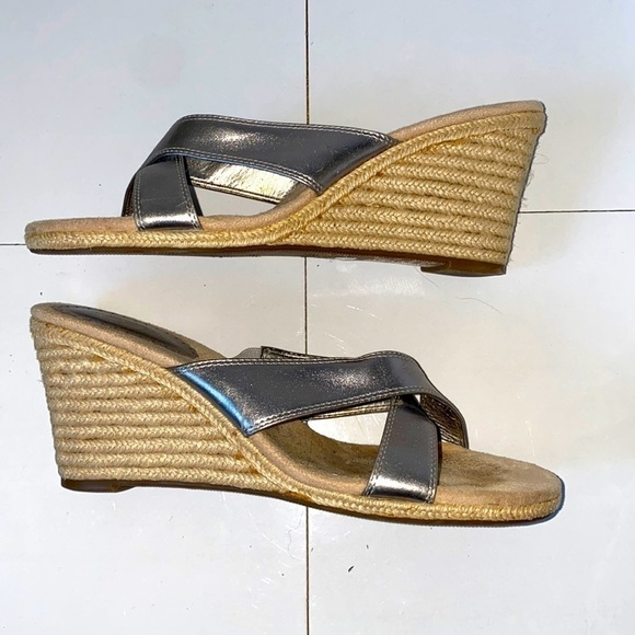 Ann Taylor Loft silver leather espadrille wedge sandals. Size 8. 3” heel. - Picture 1 of 7